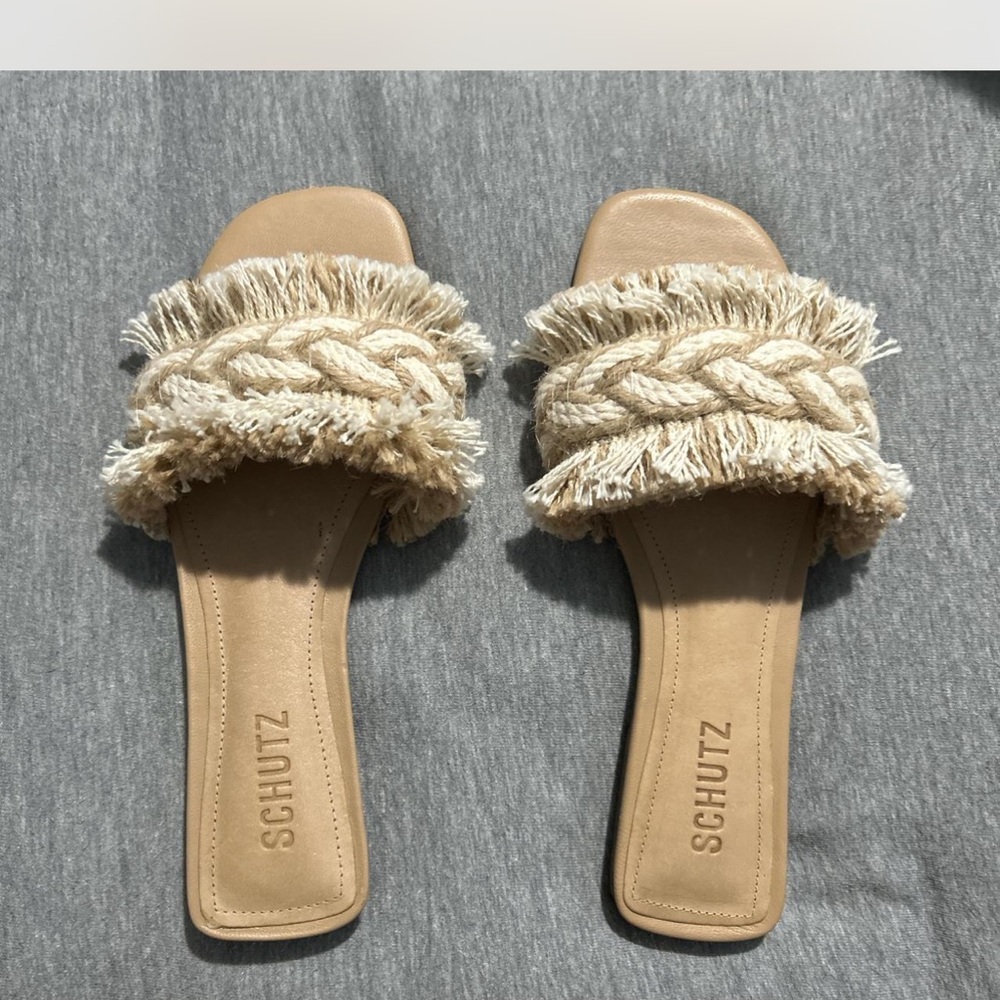 SCHUTZ Tan Braided Fringe Sandals